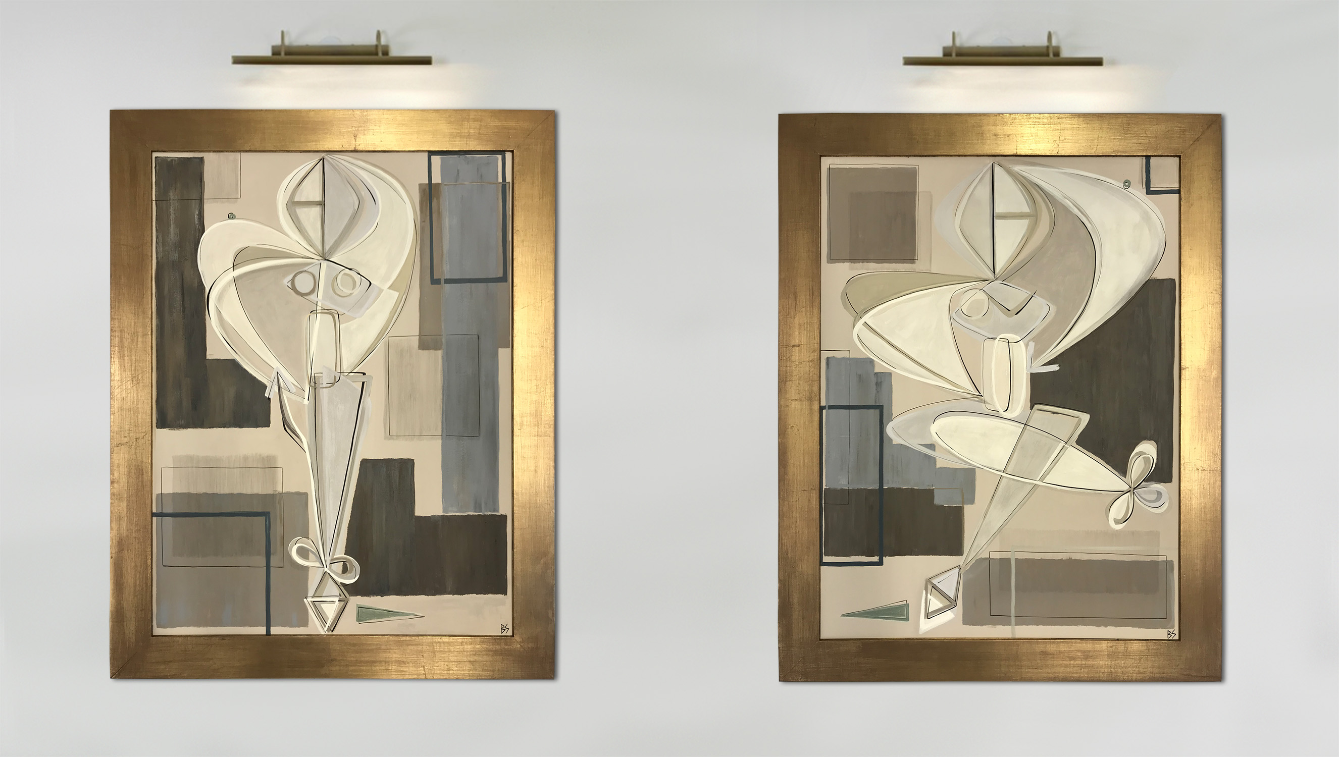 PAIR ‘Sitting & Standing Nude’ L & R Study Oil & Acrylic on Board in Gold Gilt with Bronze Finish Wooden Frames