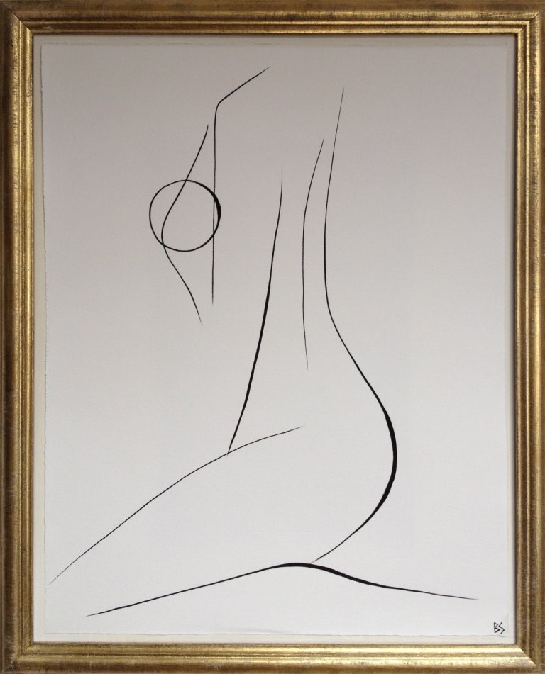 'Nude Pose' No.3 Gouache Linear on Handmade Paper in Gold Gilt Frame
