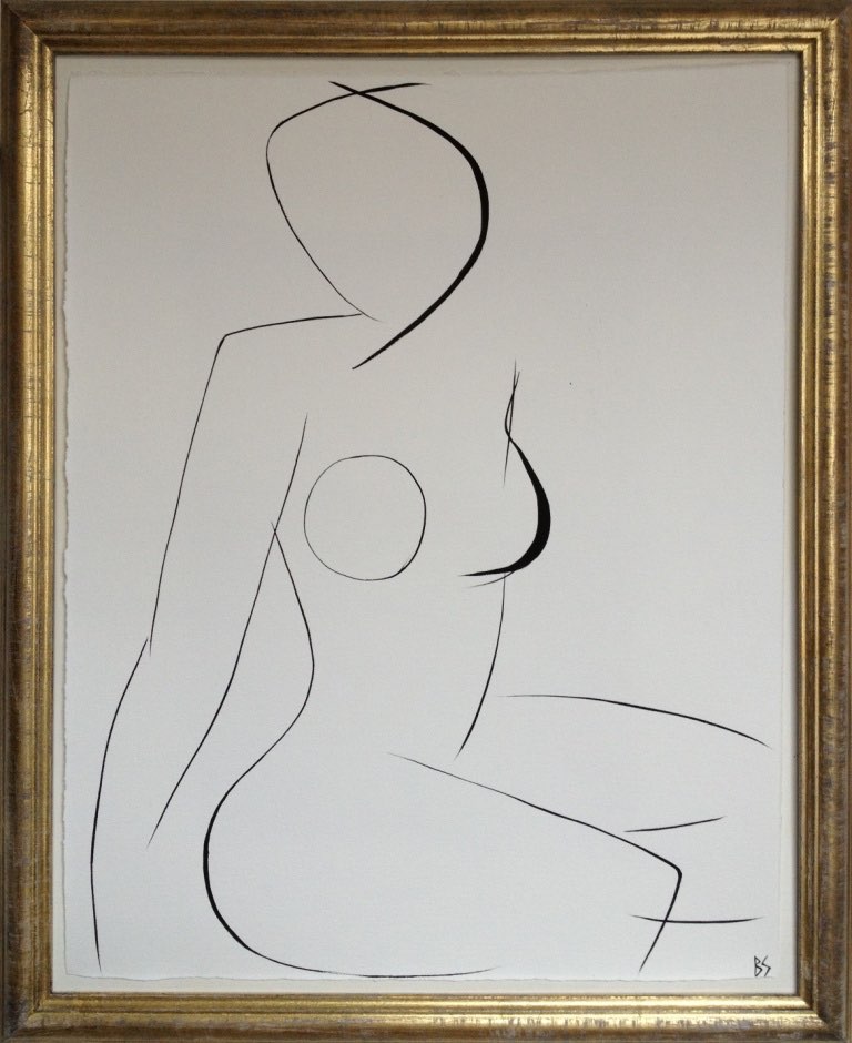 'Nude Pose' No.4 Gouache Linear on Handmade Paper in Gold Gilt Frame