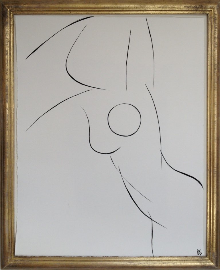 'Nude Pose' No.12 Gouache Linear on Handmade Paper in Gold Gilt Frame