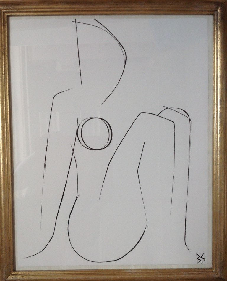 'Nude Pose' No.24 Gouache Linear on Handmade Paper in Gold Gilt Frame