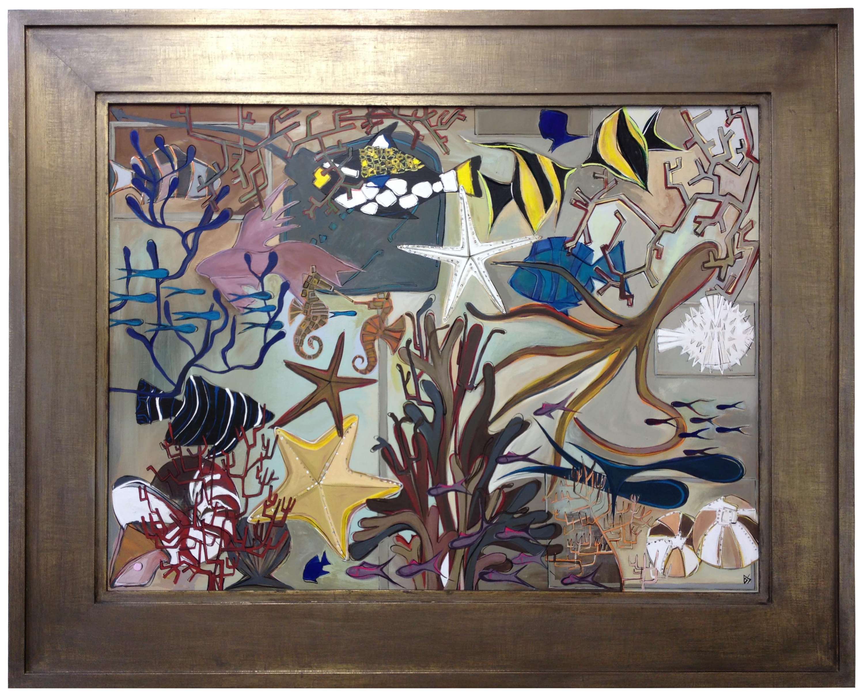'Pink Pearl, Kissing Seahorses' Gouache on Board behind Glass in Deco Style Antiqued Gold Leaf Frame