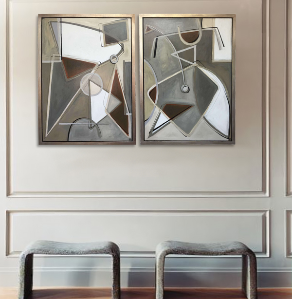 PAIR 'Satellite' L & R Study, Oil & Acrylic on Board in Gold/Silver/Bronze Finish Shadow Gap Tray Frame
