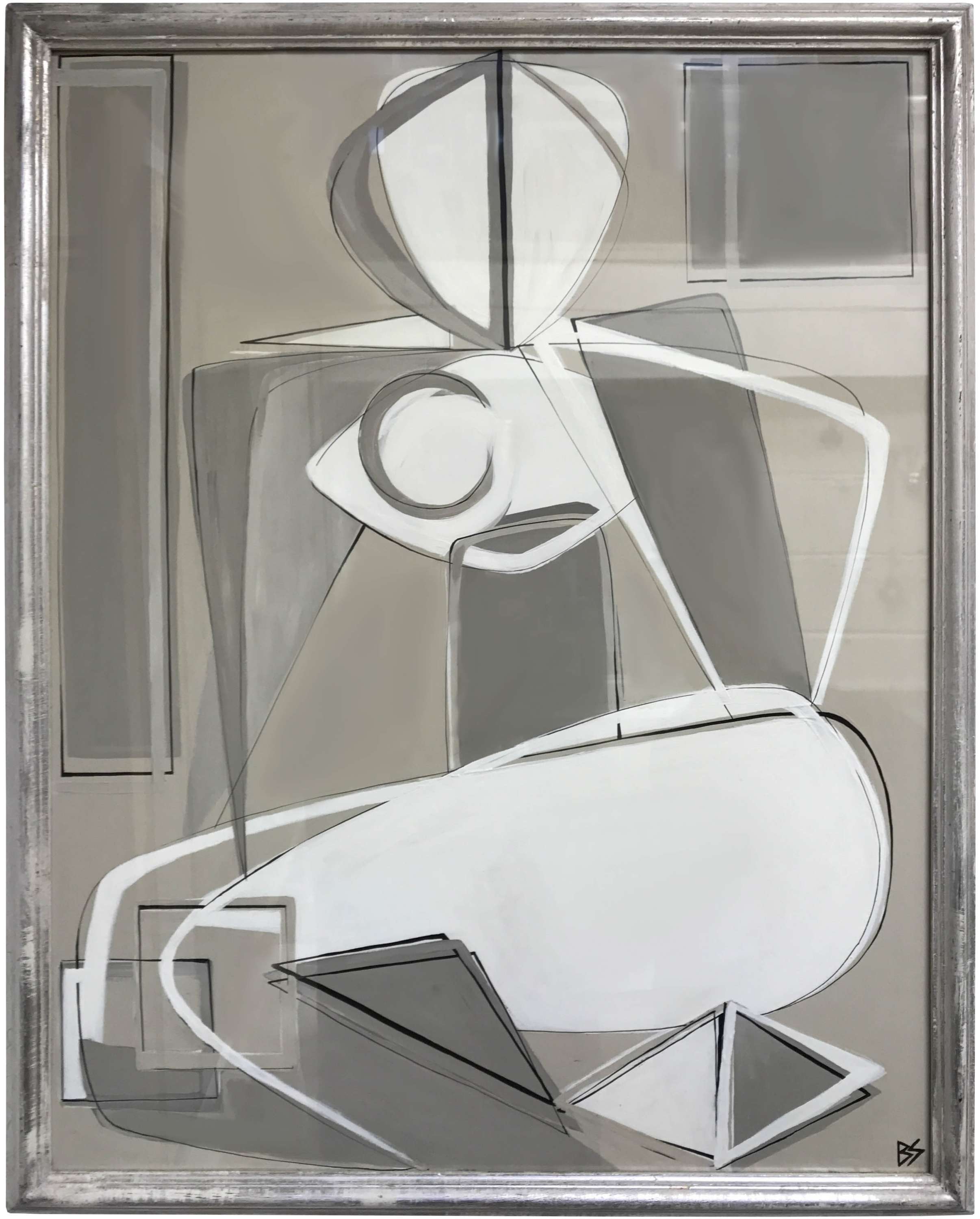 'Ines' Gouache & Acrylic on Board Behind Glass in Silver Gilt Wooden Frame