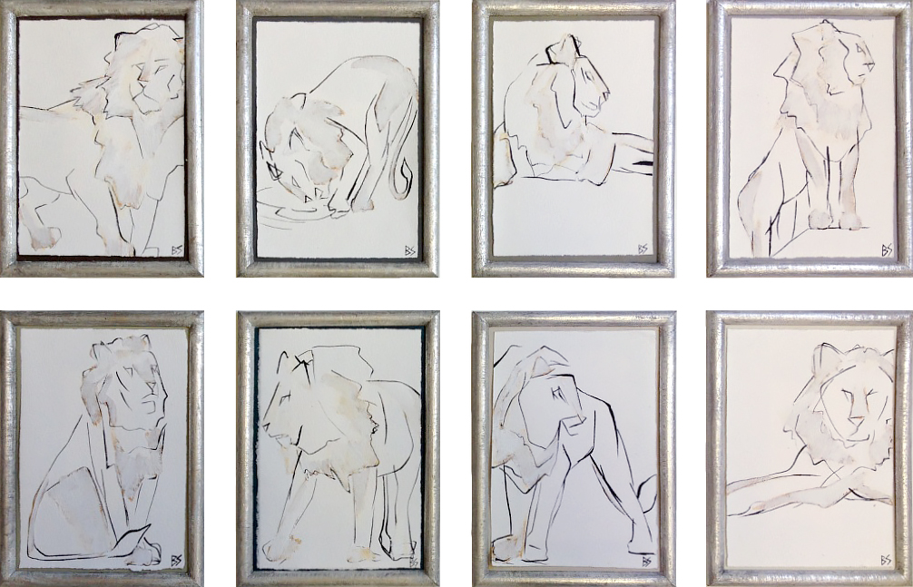 SET of 8 Linear Lions Gouache on Handmade Paper in Silver Gilt Frame