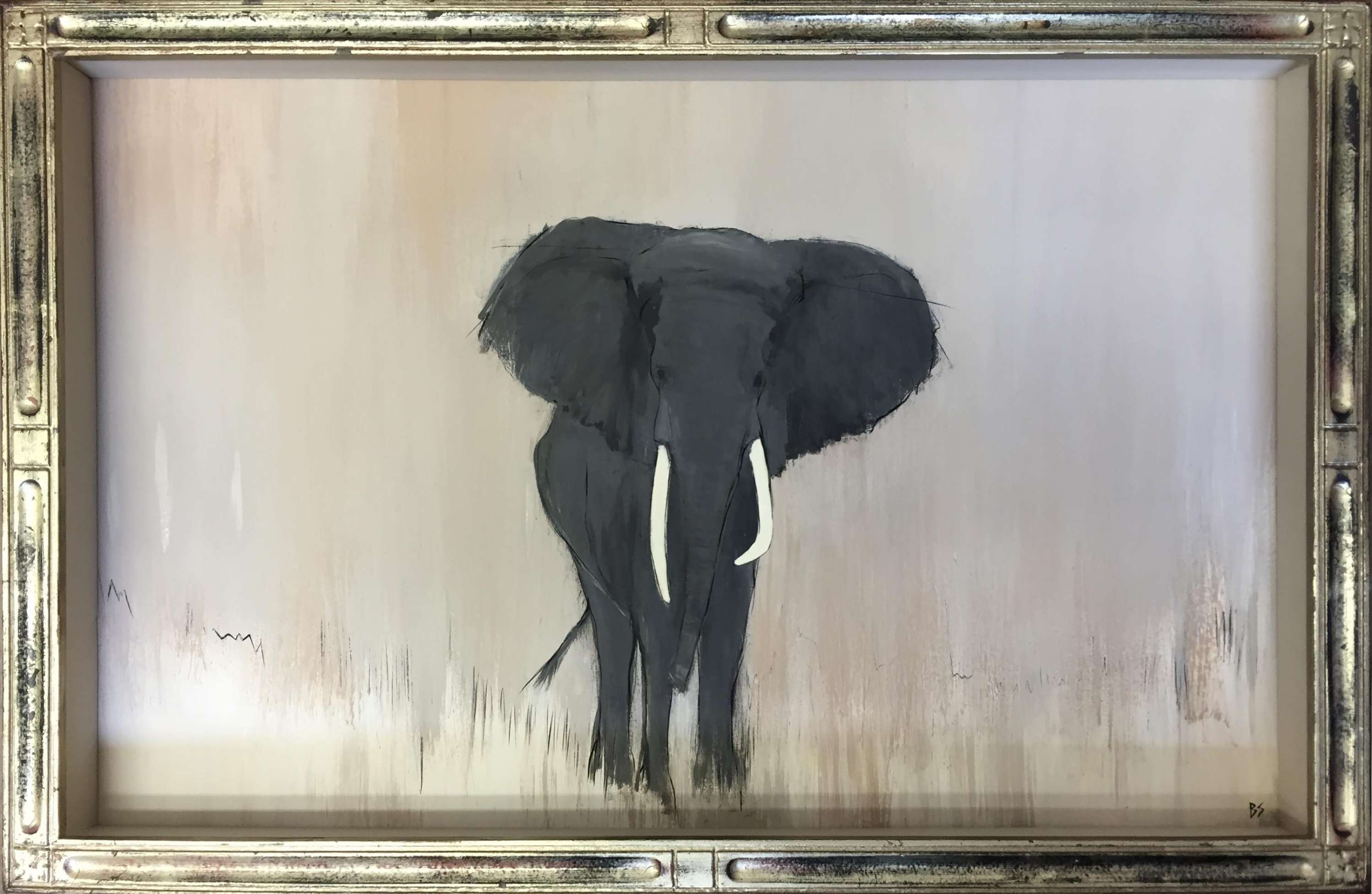 ‘My Safari Elephant’ Gouache & Acrylic on Board in Silver Deco Style Presentation Box Frame