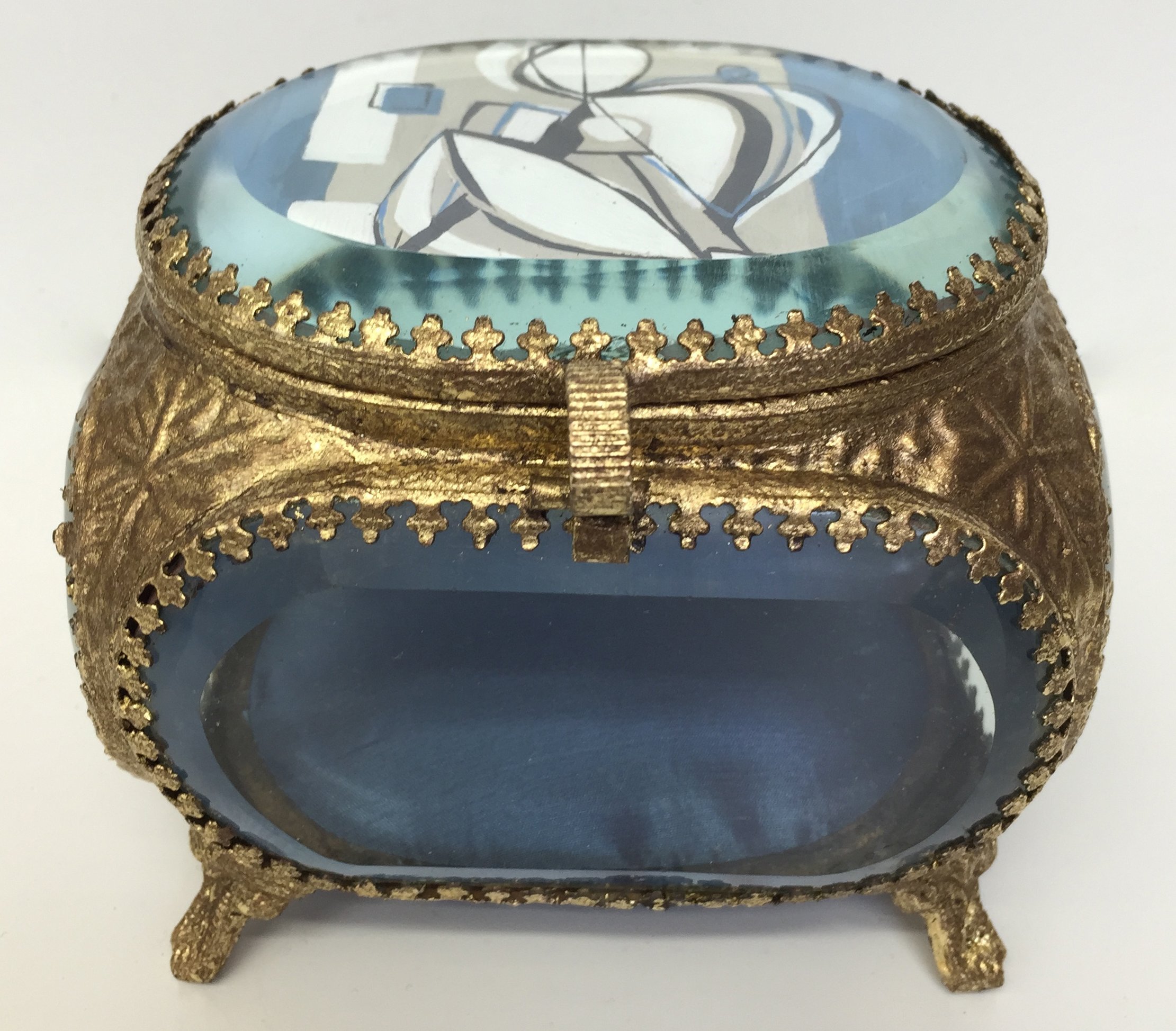 Treasure Box ‘Cobalt Muse’ Gouache on Paper under Cut Glass in Gold Gilt Metal Box