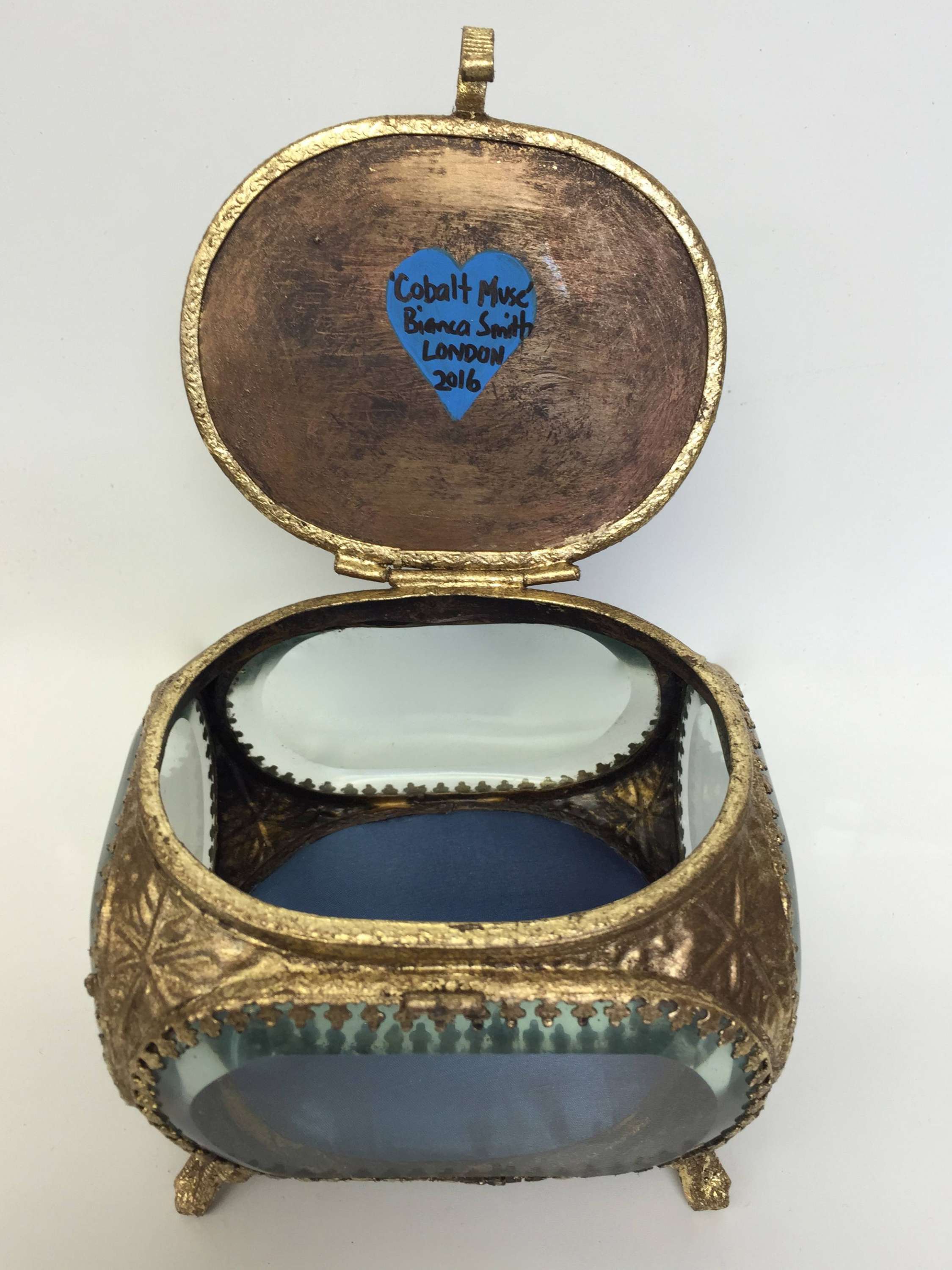 Treasure Box ‘Cobalt Muse’ Gouache on Paper under Cut Glass in Gold Gilt Metal Box