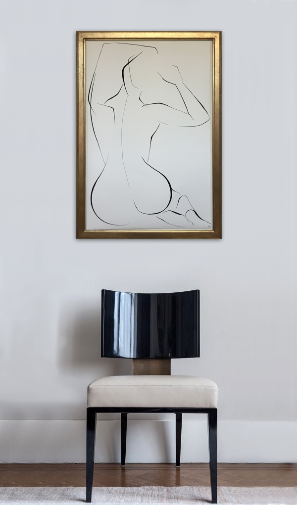 Large Linear Nude Pose No.30 Gouache on Handmade Paper in Gold Gilt Frame