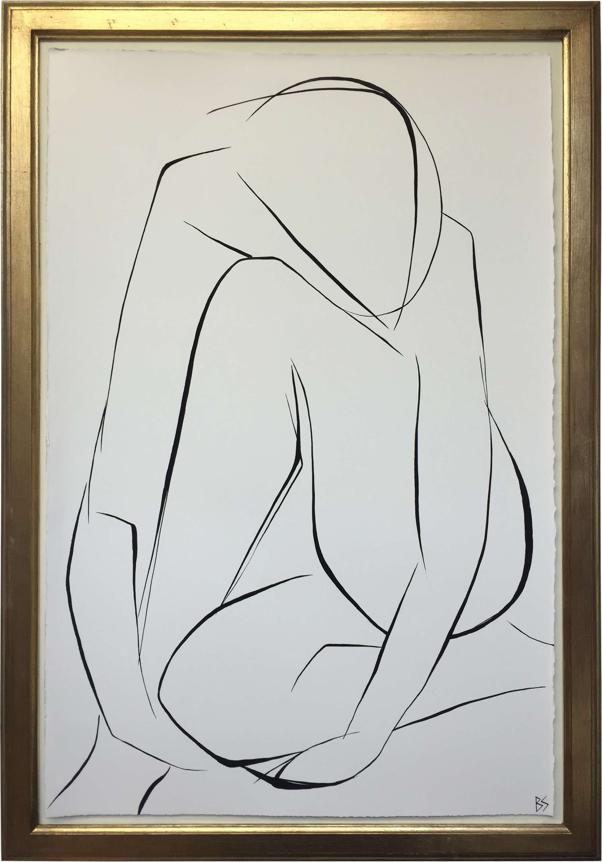 Large Linear Nude Pose No.31 Gouache on Handmade Paper in Gold Gilt Frame