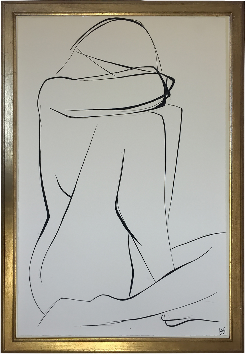 Large Linear Nude Pose No.32 Gouache on Handmade Paper in Gold Gilt Frame