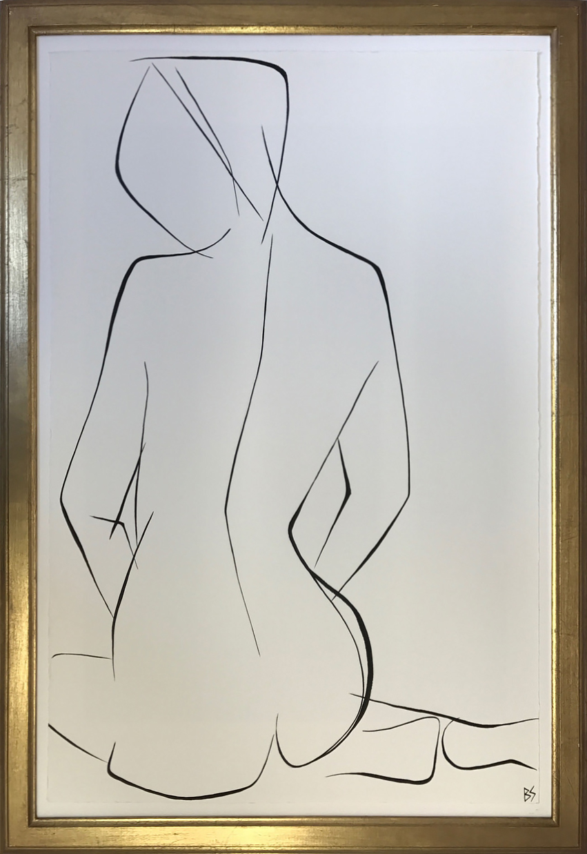 Large Linear Nude Pose No.34 Gouache on Handmade Paper in Gold Gilt Frame