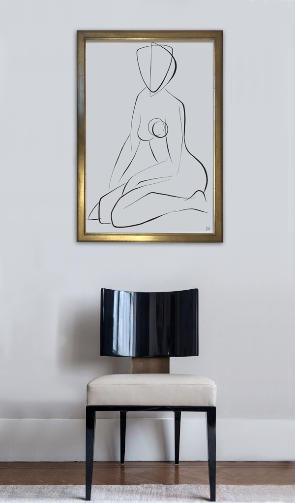 Large Linear Nude Pose No.38 Gouache on Handmade Paper in Gold Gilt Frame