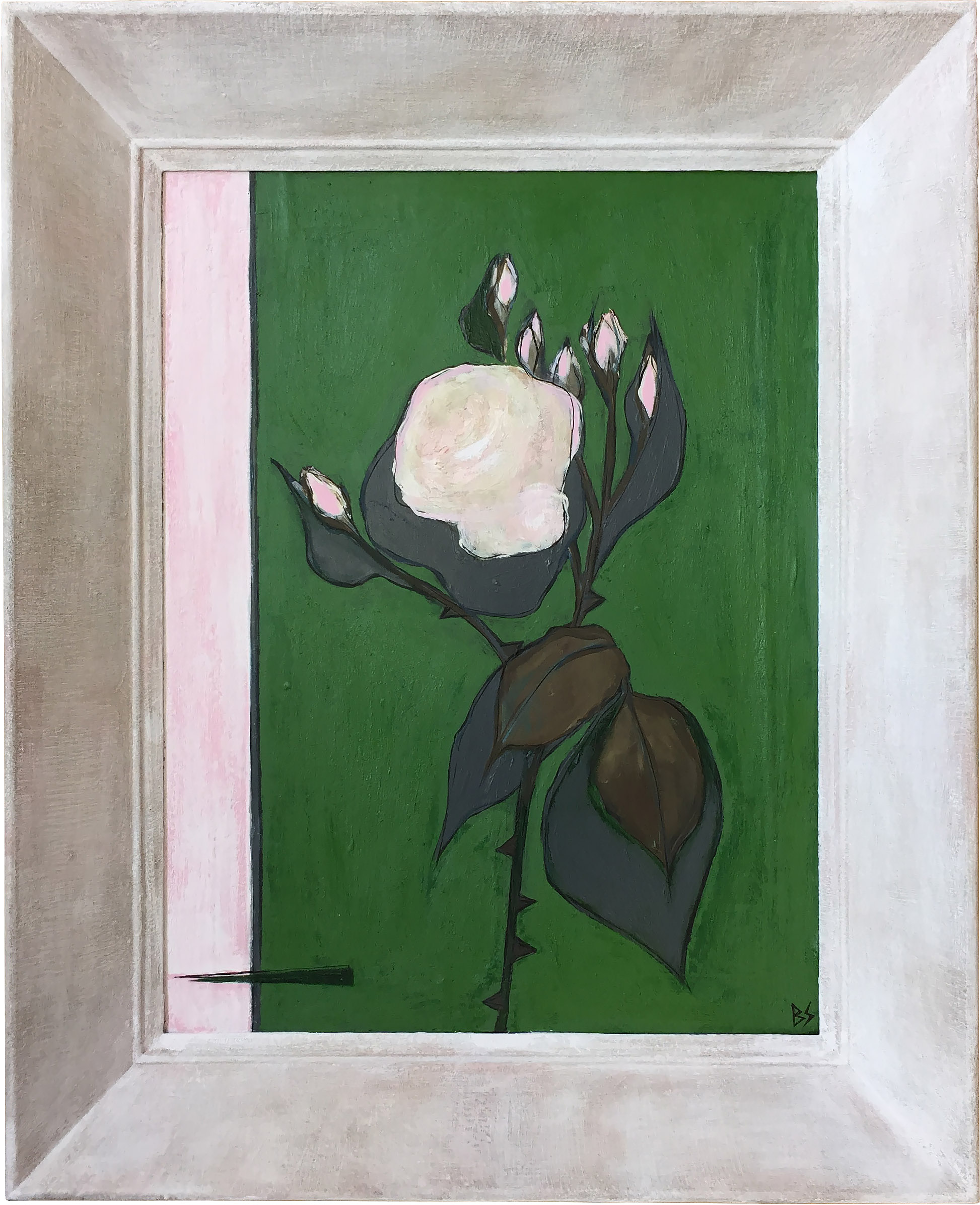 ‘The Beverley Hills Rose’ Gouache & Acrylic on Board in Vintage1960s Gesso Pink Wooden Frame