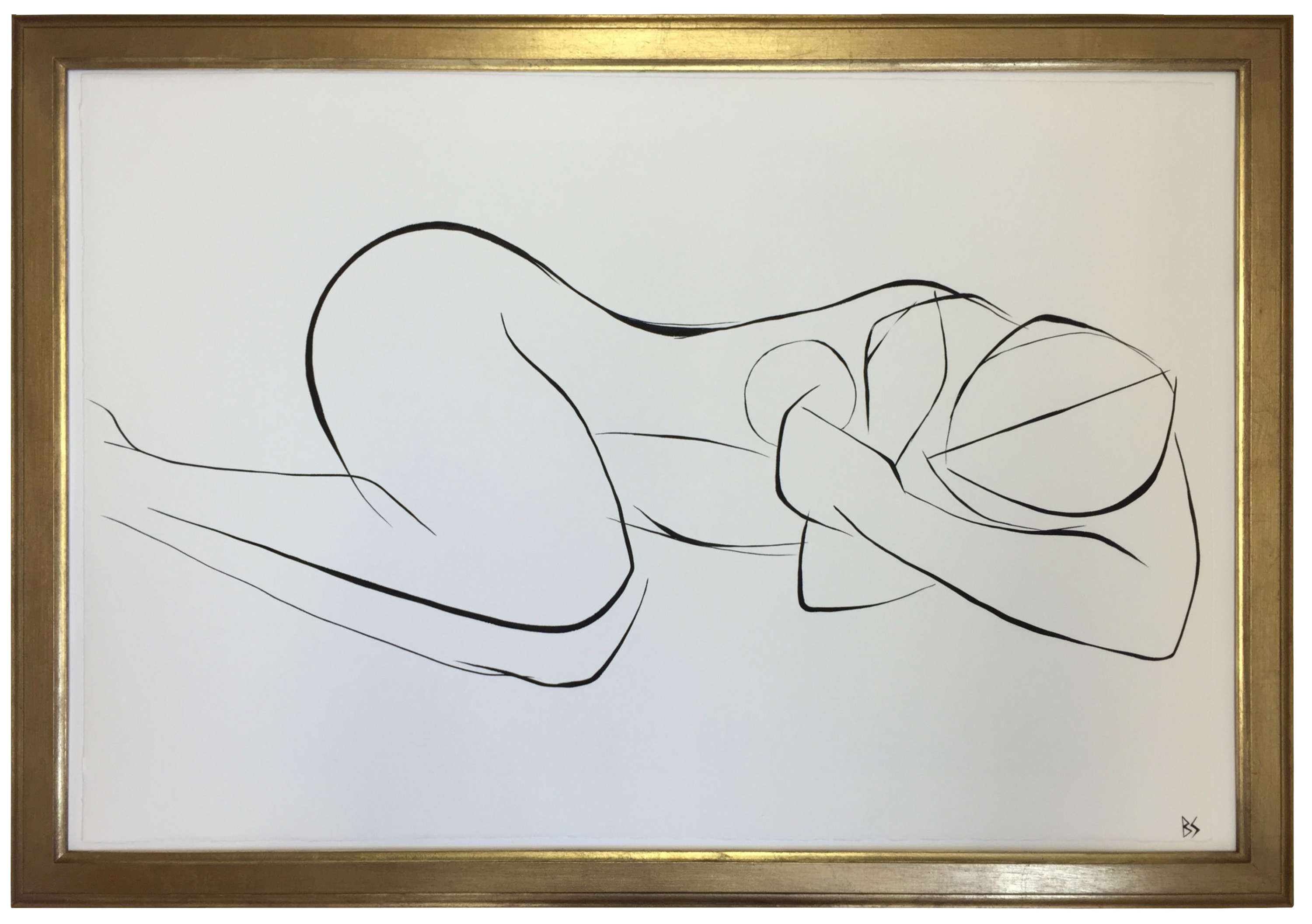 Large Linear Nude Pose No.39 Gouache on Handmade Paper in Gold Gilt Frame