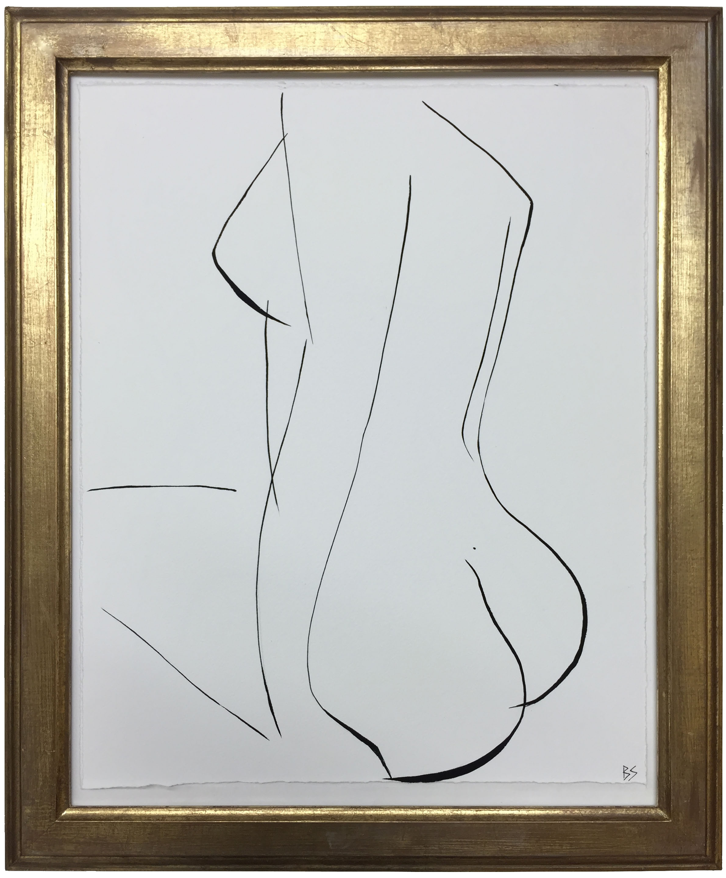 'Nude Pose' no.43 Gouache Linear on Handmade Paper in Gold Gilt Frame