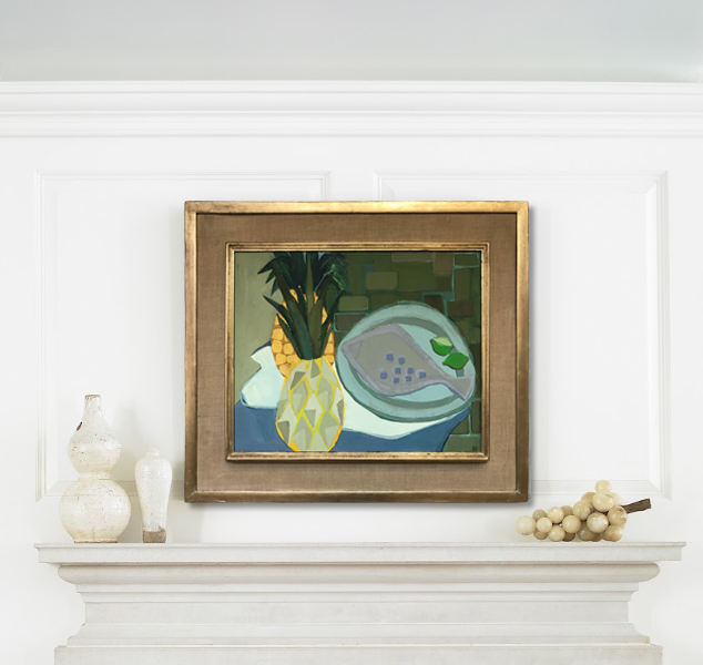 ‘Fish and two Pineapples’ Gouache + Acrylic on Board in 1950s Original Gold & Gilt & Hessian Frame