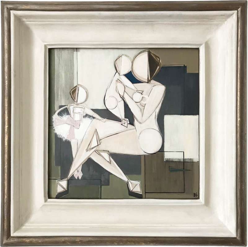 'Mother, Daughter & Baby' Oil & Acrylic on Board in Cream & Gold Gilt & Bronze Finish Square Swept Frame