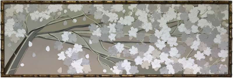 ‘Green Blossom Branch’  Acrylic & Gouache on Board in Antique Carved Wood Bamboo Frame