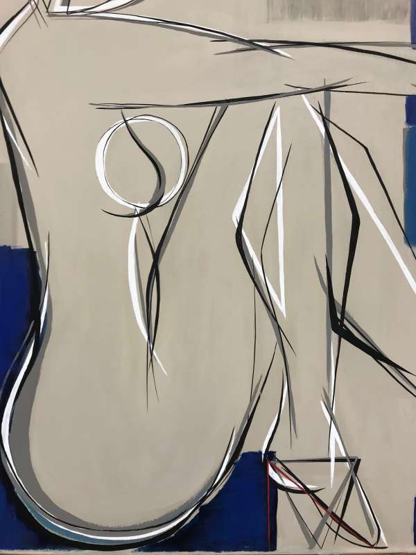 "Sitting in Heels" Gouache on Board in Warm Silver Leaf and Midnight Blue Chinese Lacquer Frame