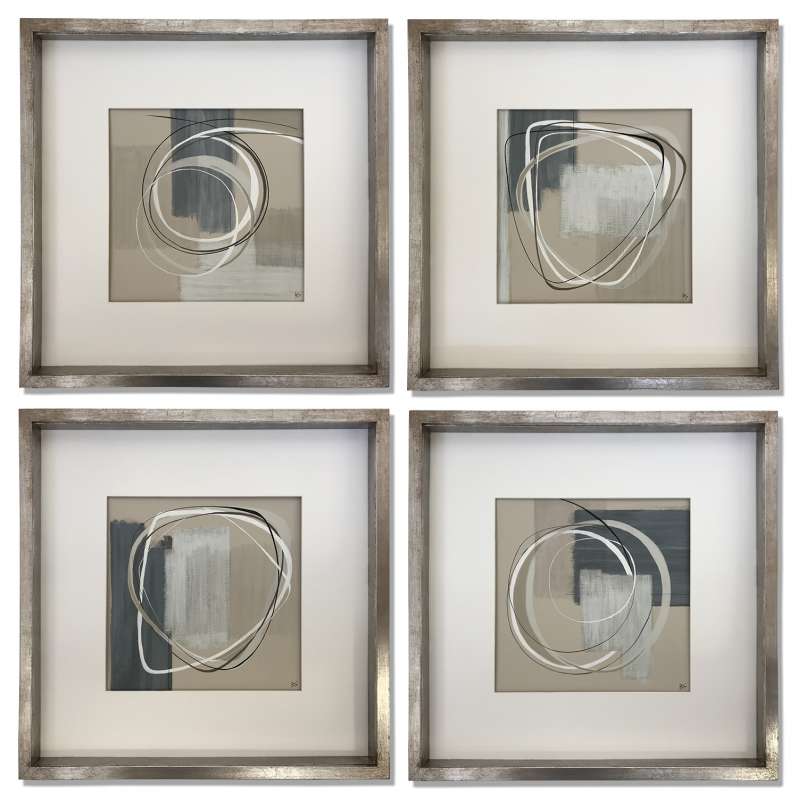 SET OF 4 ‘Alto’ Gouache & Acrylic on Board behind Glass in Silver Leaf with Bronze Finish Frames