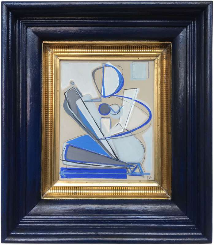 ‘Blue Belle Muse’ Gouache & Acrylic on Board in Victorian Antique Navy Lacquer Box Frame with Water Gilt Gold Inner Slip