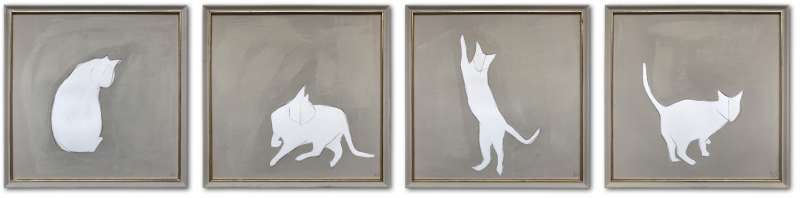 Set of 4 Cat Studies Gouache on Paper Behind Glass in Bespoke Painted and Gold Leaf Wooden Frames