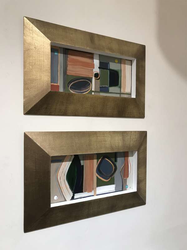 PAIR ‘Walk in the Park, Dawn’ & 'Walk in the Park, Dusk' Gouache & Acrylic on Board in Sloping wooden Bespoke Frames with Gold Leaf/Bronze Finish with Inner Gesso Side