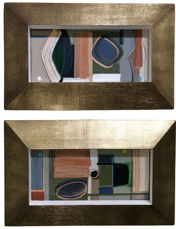 PAIR ‘Walk in the Park, Dawn’ & 'Walk in the Park, Dusk' Gouache & Acrylic on Board in Sloping wooden Bespoke Frames with Gold Leaf/Bronze Finish with Inner Gesso Side