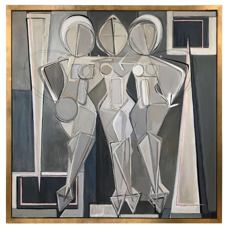 ‘Three Graces’ Gouache & Acrylic on Board in Gold Leaf with Bronze & Silver Finish Bespoke Wooden Frame