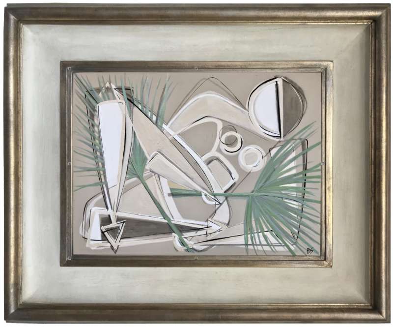 ‘Palm Dancing Muse’ Acrylic and Gouache on Board in Cream & Gold Finish Wooden Frame