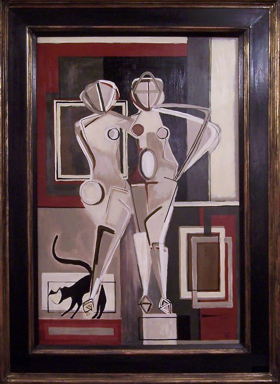 'Women with a Cat' in Antique Lacquered Frame
