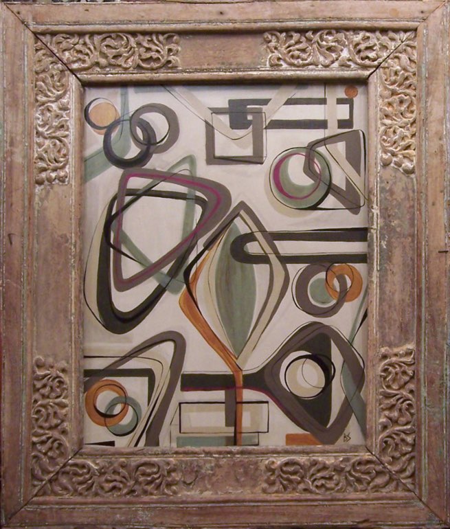 Abstract in Green, Orange & Rasberry in Antique Wood Frame