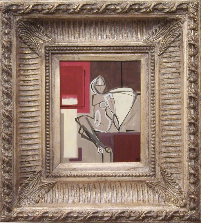'Seated Showgirl with Fan' Left Study Oil and Acryllic on Board in Modern Box Frame