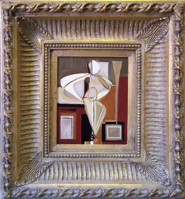 'Standing Woman with Red' Oil/Acryllic on Board in Modern Gilt Box Frame