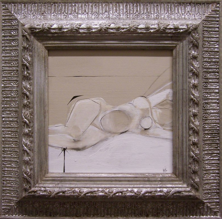 'Reclining on White Linen' Acryllic/Gouache on Board in Modern Frame