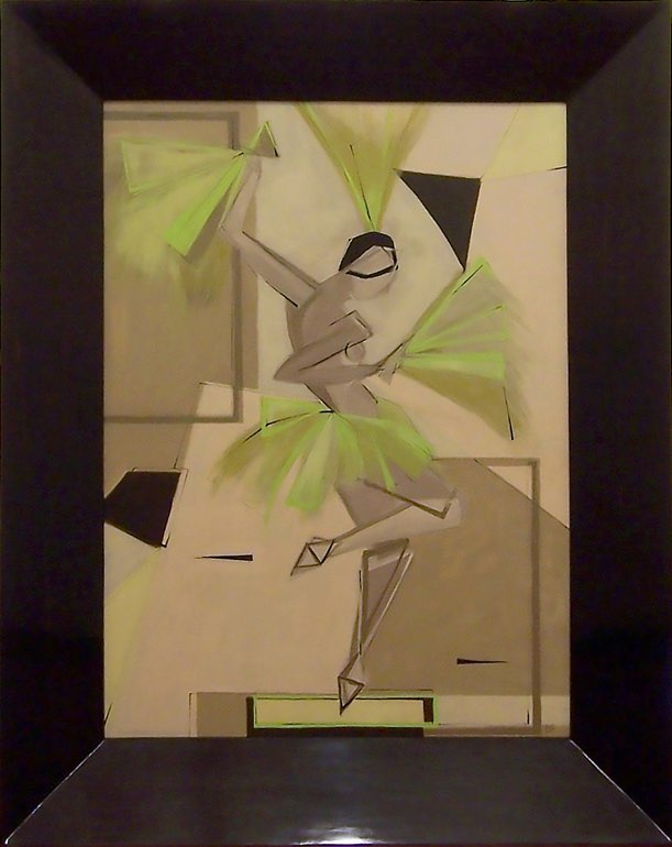 'Josephine Baker Dancing with Feathers' Oil & Acryillic on Board in Macassa Frame