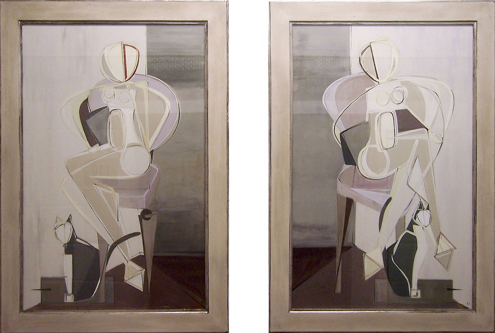 'Rupert with Seated Redhead' Left Study Gouache on Board in Modern Frame Bronze/Silver Finish