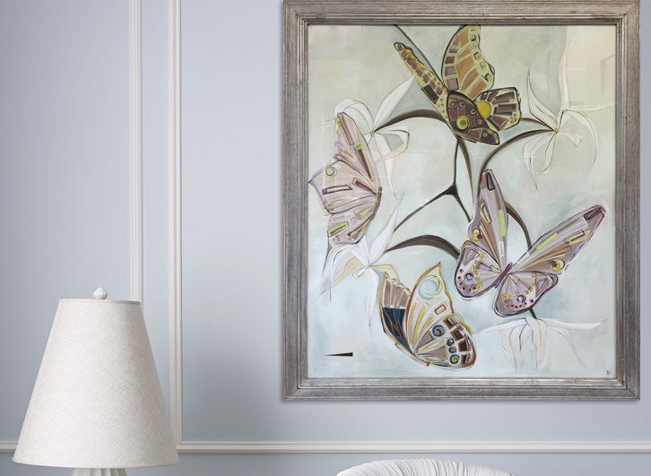 'Orchid Butterflies' Gouache behind Glass in Wooden Carved Fluted Silver Leaf with Light Bronze Finish Frame