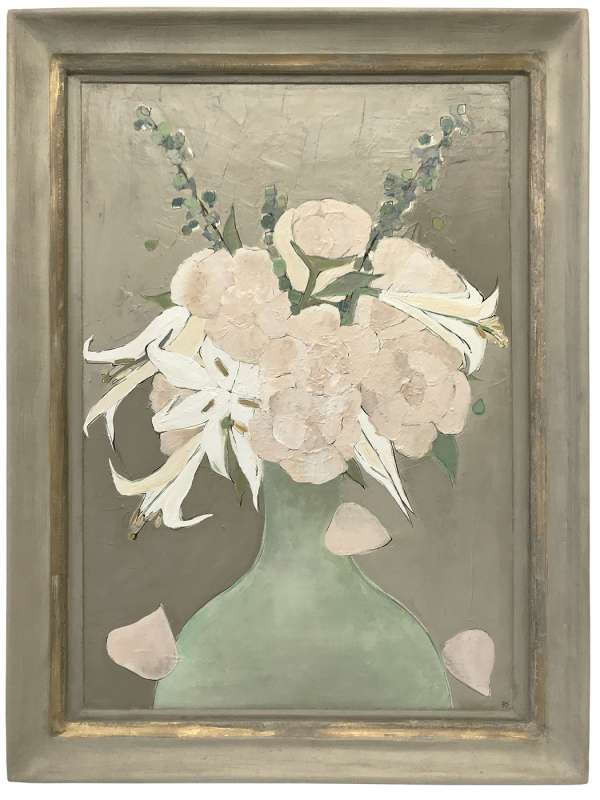 'Spring Bouquet with Peonies' Oil & Acrylic on Board in Painted Wooden Frame with Water Gilt Gold Slip