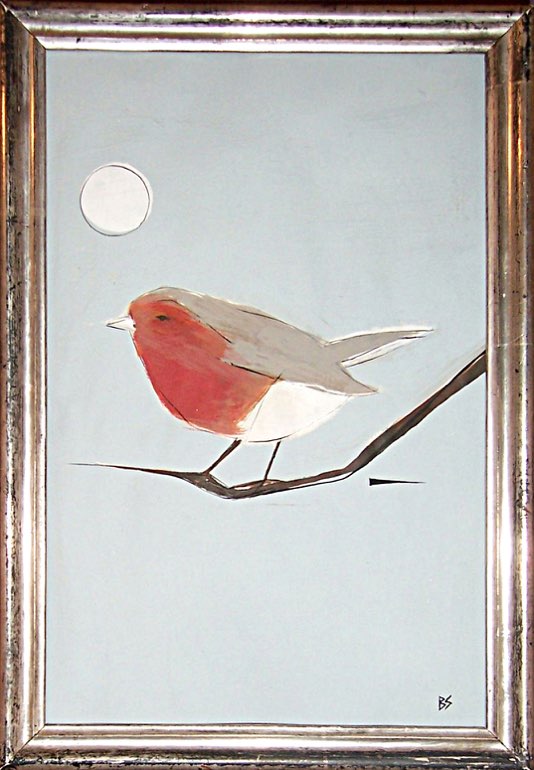 'Midnight Robin' Gouche & Watercolour on Paper in Antique Silver Water Gilt Frame