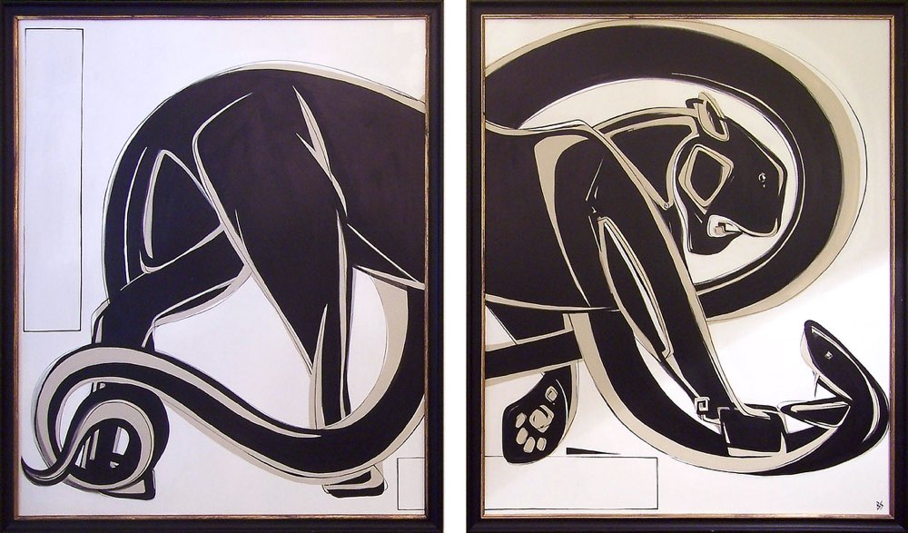 'Rupert's Homage to Jouve' Gouache on Board in Black Lacquer and Silver Frames 71cm x 81cm each