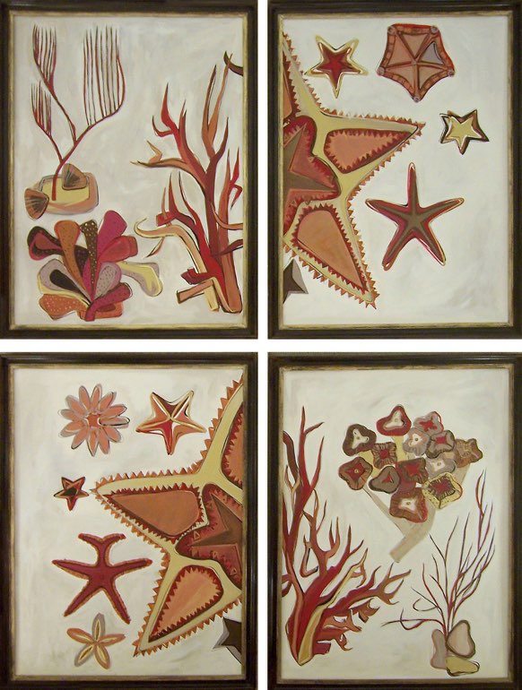 SET OF FOUR 'Coral, Starfish Curiosities' Gouache on Board in Bronze & Gold Wooden Frames