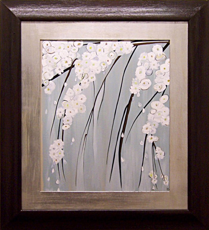 'Falling Blossom' Gouache on Board in Black/Brown Lacquered Frame