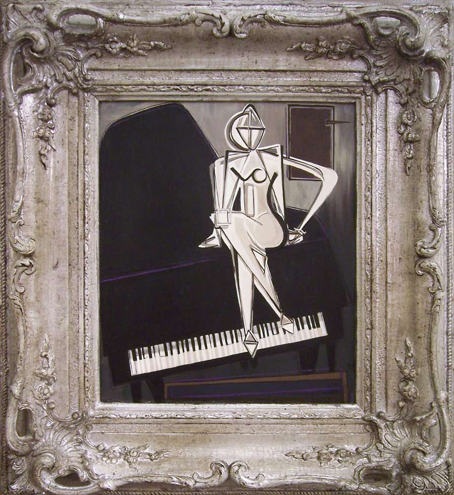 'Sitting Pretty on Piano' Oil & Acrylic on Board in Antique Ornate Silver Frame