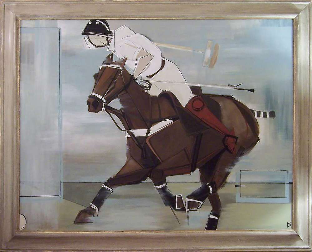 'The Polo Player' Oil & Acrylic on Board in Modern Cream & Gold Frame