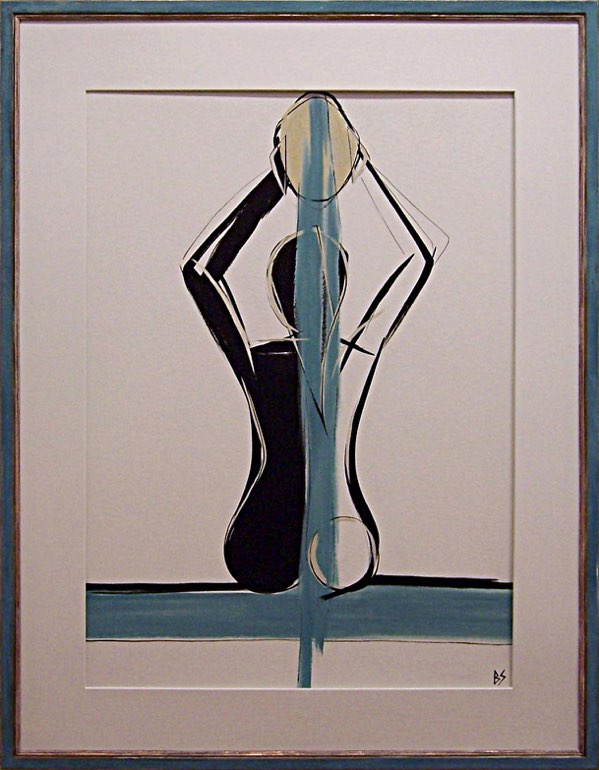 'Nude With Sponge' Gouache on Board in Old Blue Painted Frame 65cm x 84cm