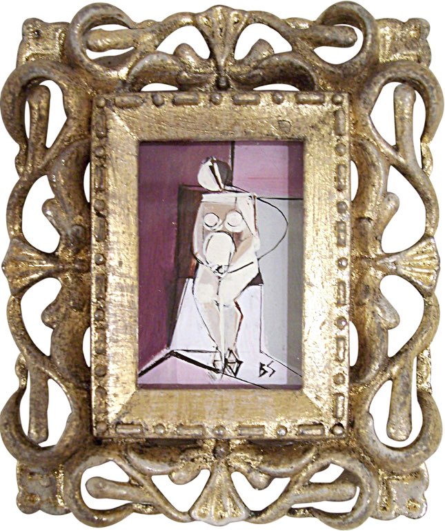 MINIATURE 'Expecting' Gouache on Board in Gold Gilt Metal Frame