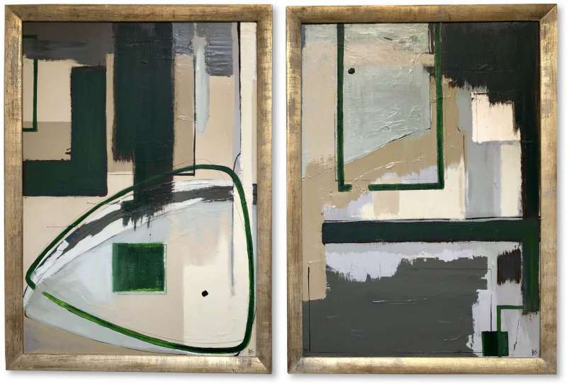 PAIR 'Emerald Marsh’ 'High Tide' & 'Low Tide' Left and Right Study Oil & Acrylic on Board in Gold Gilt Frames