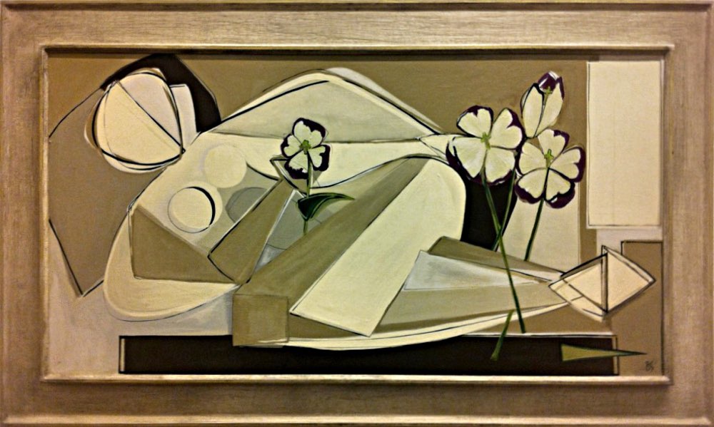 'Daphne Reclining with Rose Tulips' Oil & Acrylic on Board in 1970s Frame in Cream & Gold Finish